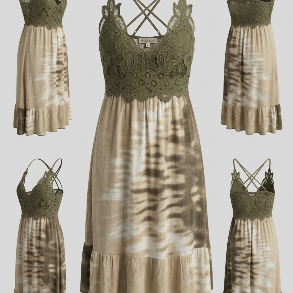 Lace Bodice Olive Green and Tan Lace Faded Rose Dress